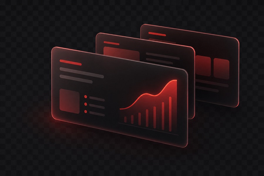 Three layered dark presentation slides with glowing red charts.