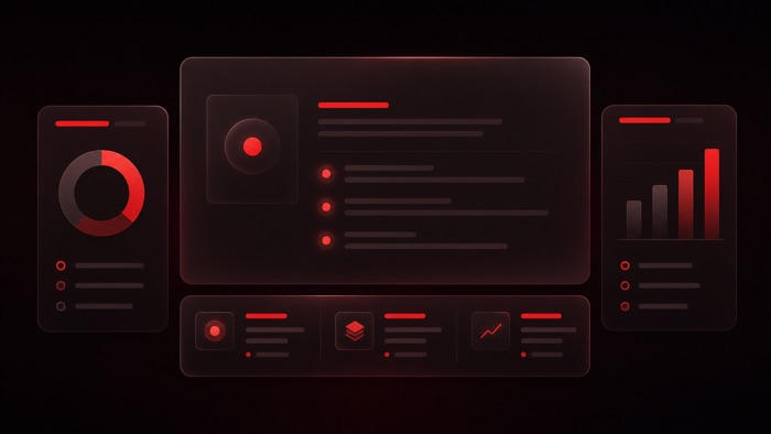 Dark overview slide with red charts, summary panels, and organized information blocks.