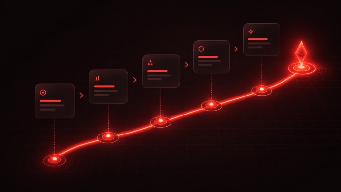 Five-stage presentation roadmap following a glowing red path toward a final goal.
